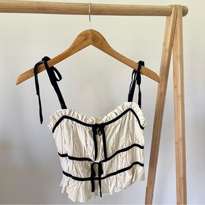 Tie Strap Ruffle Bow Tank Top in Cream/Black - S